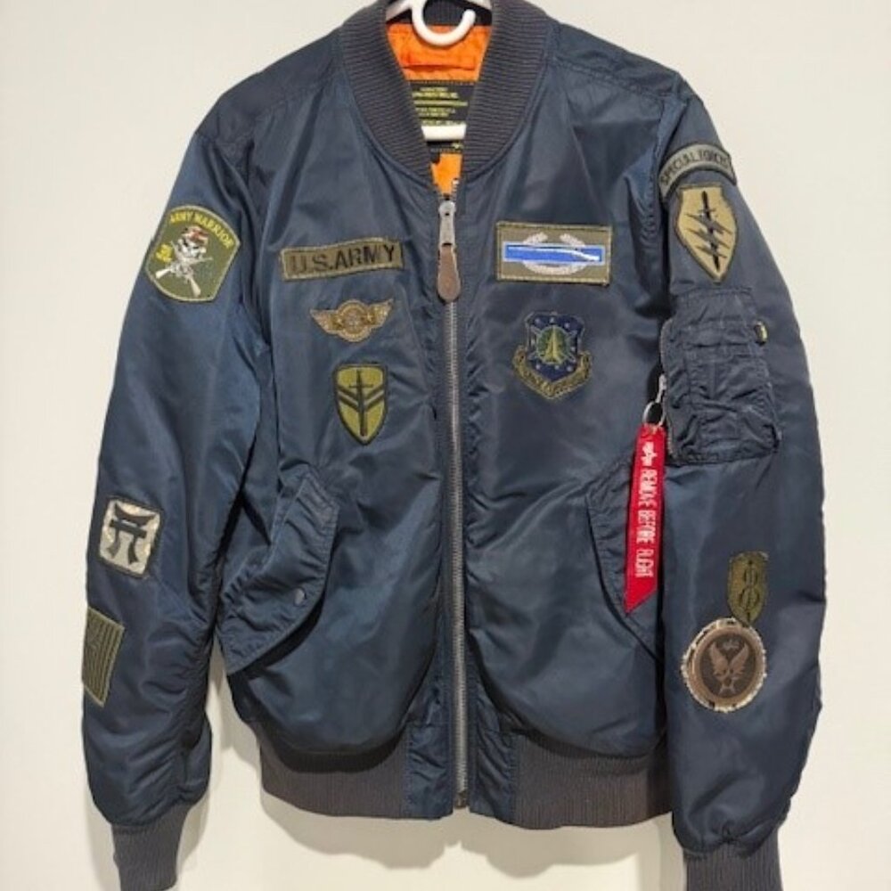 Mens Custom Alpha Industries Flight Nylon Bomber Jacket Blue Size Large